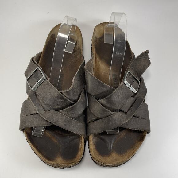 Birkenstock Lugano Slide Sandals Mens Size 11, EU44 Brown Distressed Criss Cross